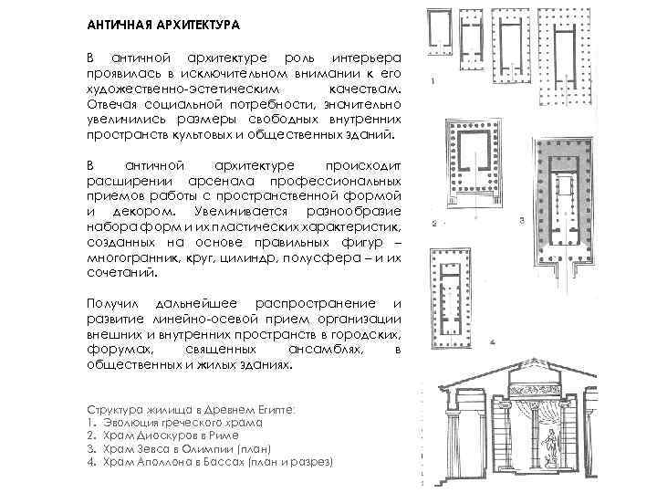 АНТИЧНАЯ АРХИТЕКТУРА В античной архитектуре роль интерьера проявилась в исключительном внимании к его художественно-эстетическим