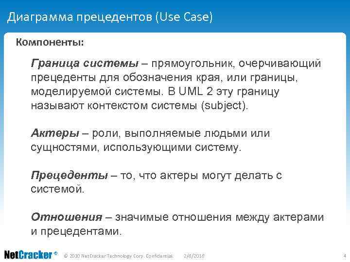 Диаграмма прецедентов (Use Case) Компоненты: Граница системы – прямоугольник, очерчивающий прецеденты для обозначения края,