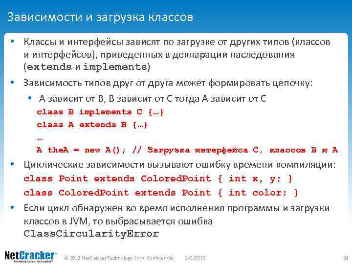 Зависимости и загрузка классов • Классы и интерфейсы зависят по загрузке от других типов