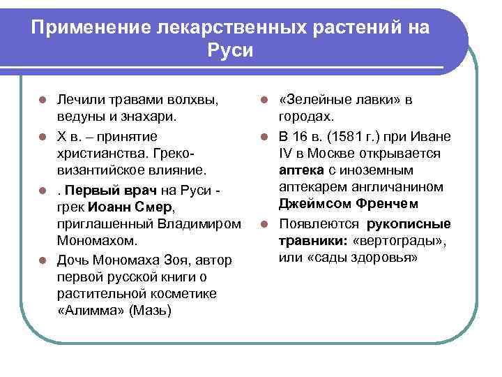 Применение лекарственных растений на Руси Лечили травами волхвы, ведуны и знахари. l X в.