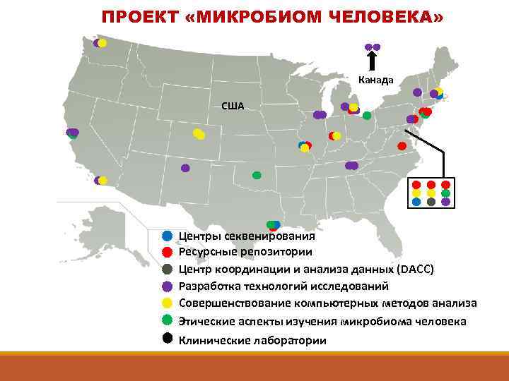 ПРОЕКТ «МИКРОБИОМ ЧЕЛОВЕКА» Канада США Центры секвенирования Ресурсные репозитории Центр координации и анализа данных