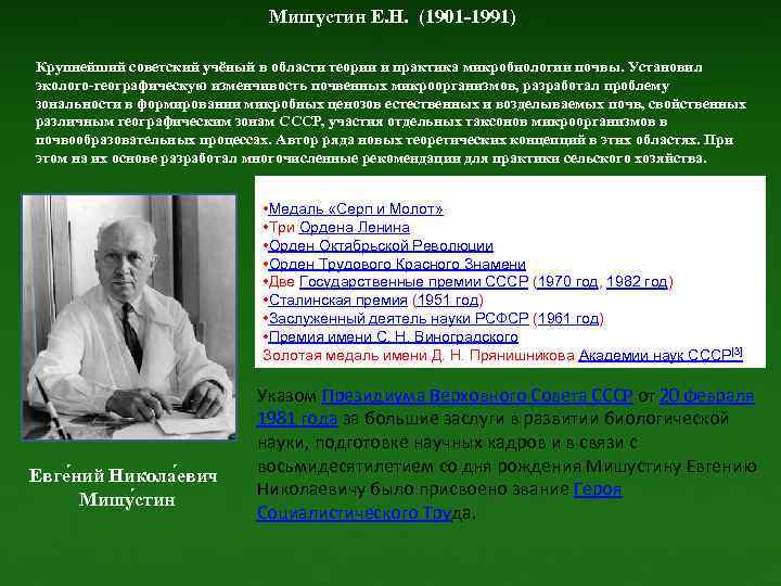 Мишустин Е. Н. (1901 -1991) Крупнейший советский учёный в области теории и практика микробиологии