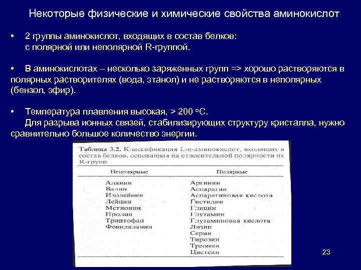 Некоторые физические и химические свойства аминокислот • 2 группы аминокислот, входящих в состав белков: