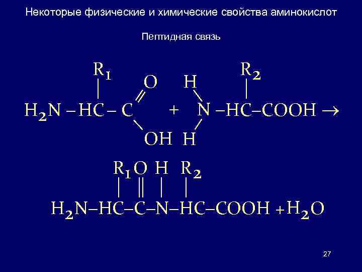 Некоторые физические и химические свойства аминокислот Пептидная связь R 2 R 1 O H