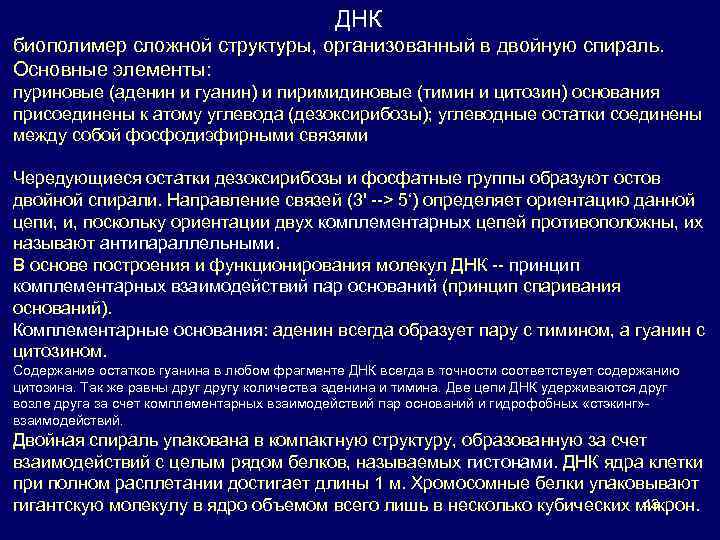 ДНК биополимер сложной структуры, организованный в двойную спираль. Основные элементы: пуриновые (аденин и гуанин)