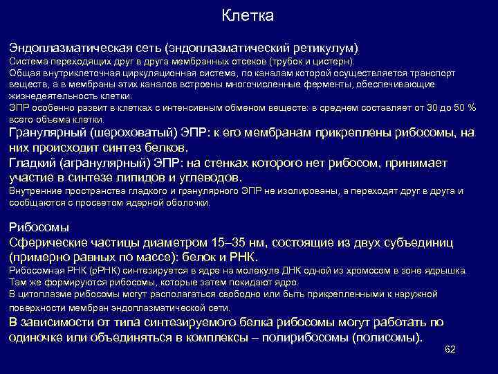 Клетка Эндоплазматическая сеть (эндоплазматический ретикулум) Система переходящих друг в друга мембранных отсеков (трубок и