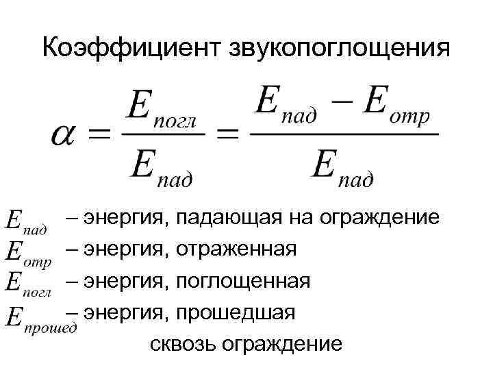 Коэффициент звукопоглощения – энергия, падающая на ограждение – энергия, отраженная – энергия, поглощенная –