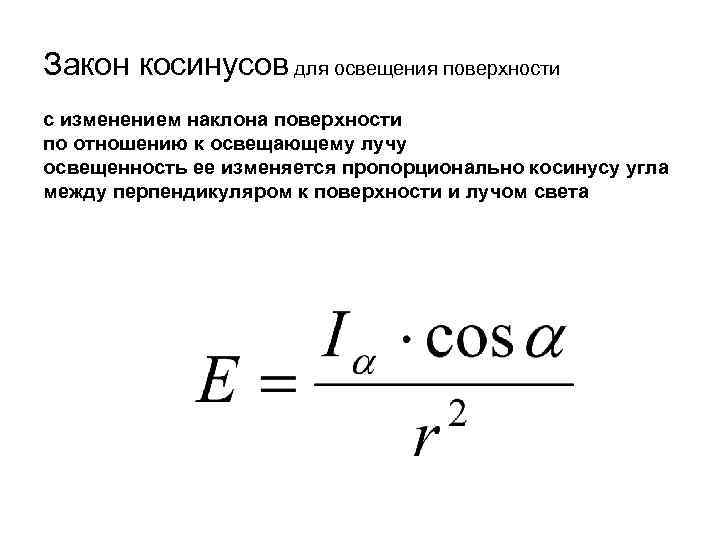 Закон косинусов для освещения поверхности с изменением наклона поверхности по отношению к освещающему лучу