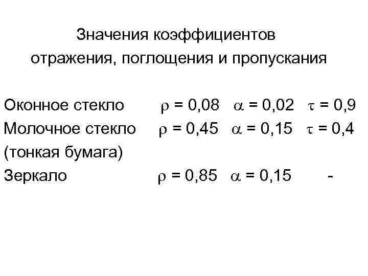 Значения коэффициентов отражения, поглощения и пропускания Оконное стекло Молочное стекло (тонкая бумага) Зеркало =