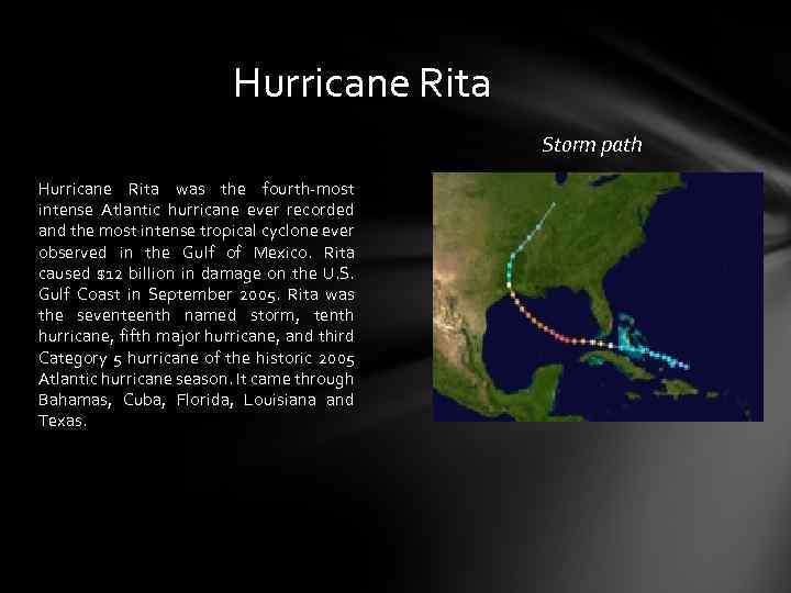 Hurricane Rita Storm path Hurricane Rita was the fourth-most intense Atlantic hurricane ever recorded
