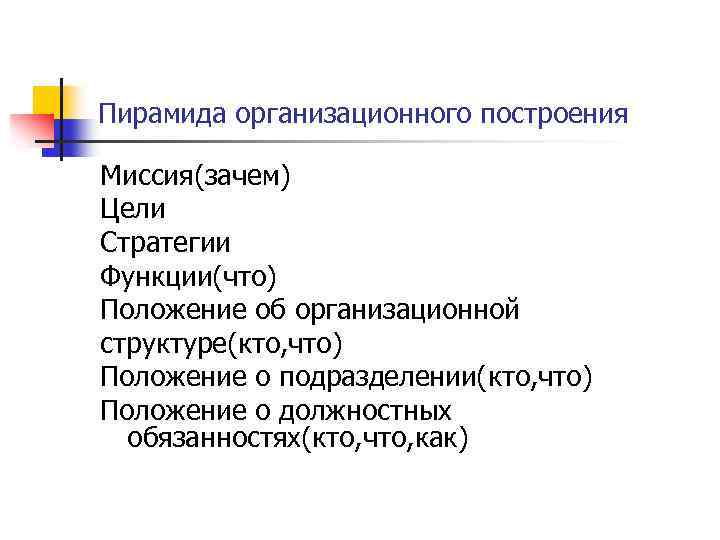 Пирамида организационного построения Миссия(зачем) Цели Стратегии Функции(что) Положение об организационной структуре(кто, что) Положение о