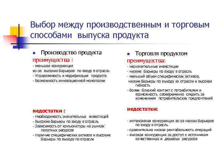 Выбор между производственным и торговым способами выпуска продукта Производство продукта преимущества : Торговля продуктом