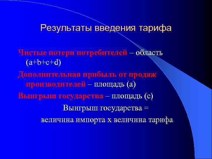 Результаты введения тарифа Чистые потери потребителей – область (a+b+c+d) Дополнительная прибыль от продаж производителей