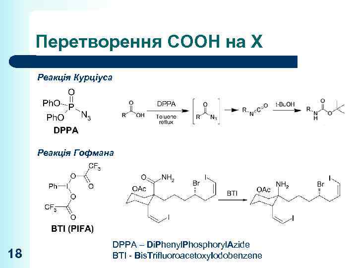 Перетворення СООН на Х Реакція Курціуса DPPA Реакція Гофмана 18 DPPA – Di. Phenyl.