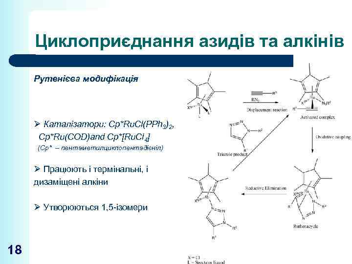 Циклоприєднання азидів та алкінів Рутенієва модифікація Ø Каталізатори: Cp*Ru. Cl(PPh 3)2, Cp*Ru(COD)and Cp*[Ru. Cl