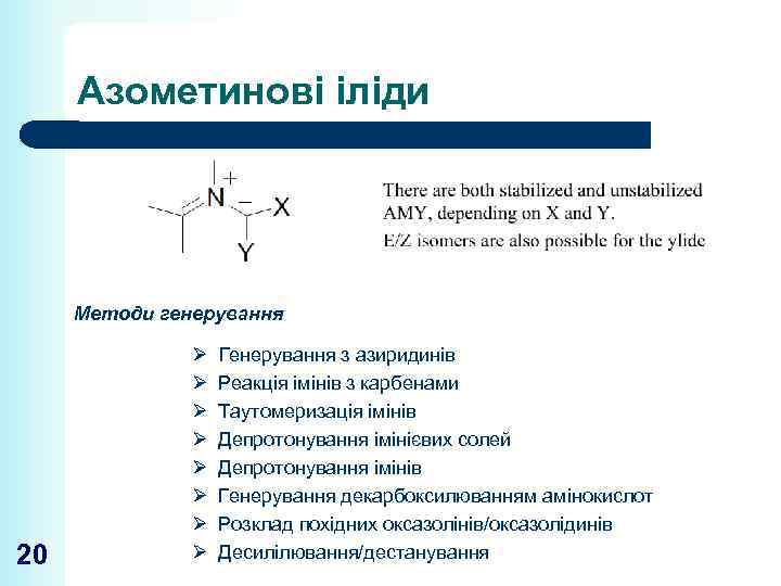 Азометинові іліди Методи генерування 20 Ø Ø Ø Ø Генерування з азиридинів Реакція імінів