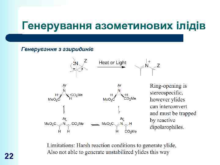 Генерування азометинових ілідів Генерування з азиридинів 22 