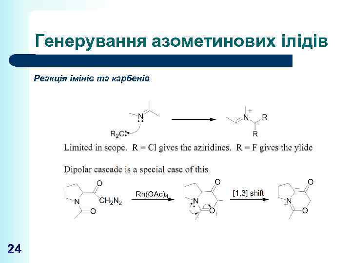 Генерування азометинових ілідів Реакція імінів та карбенів 24 