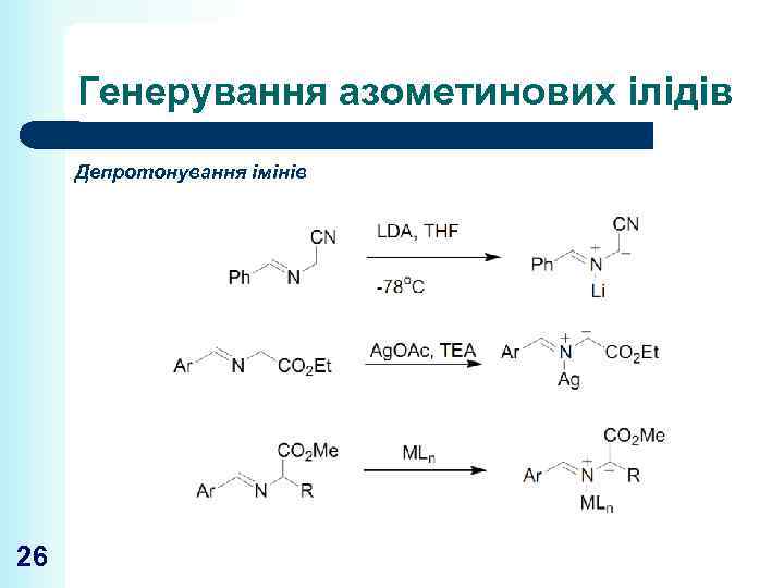 Генерування азометинових ілідів Депротонування імінів 26 