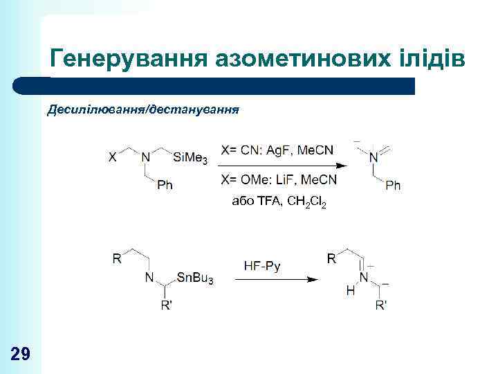 Генерування азометинових ілідів Десилілювання/дестанування або TFA, CH 2 Cl 2 29 