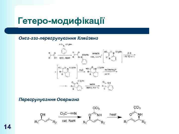 Гетеро-модифікації Окса-аза-перегрупування Кляйзена Перегрупування Овермана 14 