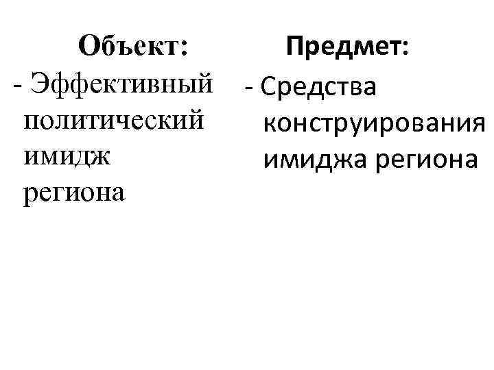 Объект: - Эффективный политический имидж региона Предмет: - Средства конструирования имиджа региона 