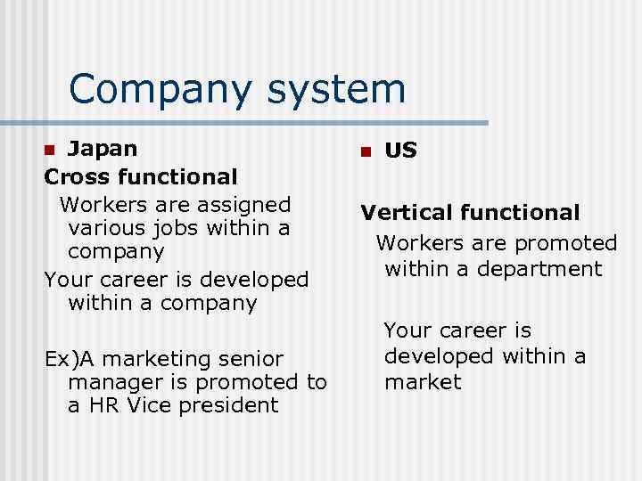 Company system Japan Cross functional Workers are assigned various jobs within a company Your