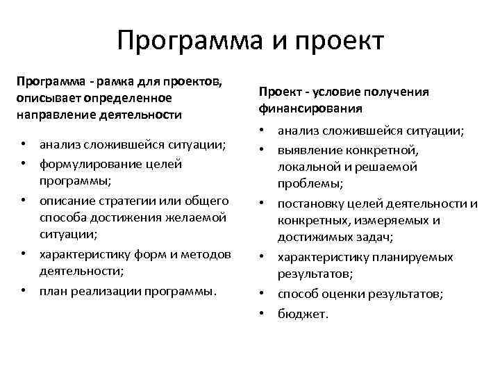 Программа и проект Программа - рамка для проектов, описывает определенное направление деятельности • анализ