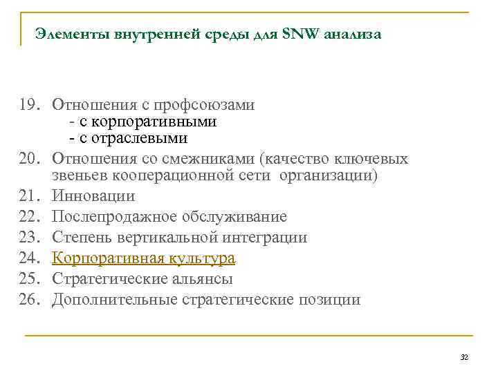 Элементы внутренней среды для SNW анализа 19. Отношения с профсоюзами - с корпоративными -