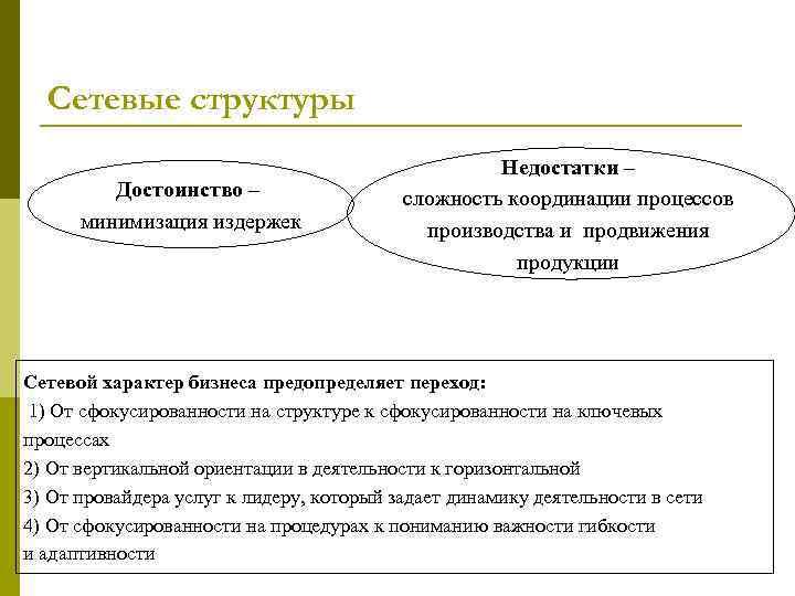 Сетевые структуры Достоинство – минимизация издержек Недостатки – сложность координации процессов производства и продвижения