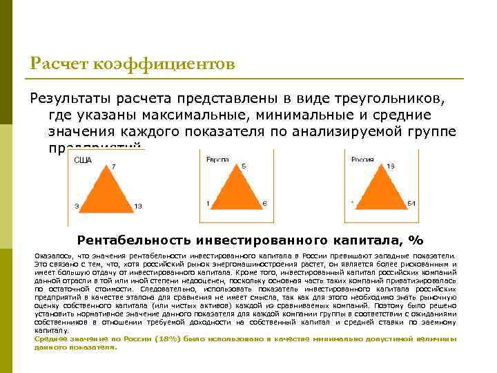 Расчет коэффициентов Результаты расчета представлены в виде треугольников, где указаны максимальные, минимальные и средние