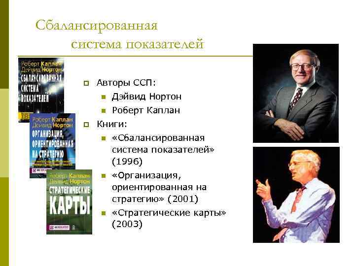 Сбалансированная система показателей p Авторы ССП: n n p Дэйвид Нортон Роберт Каплан Книги: