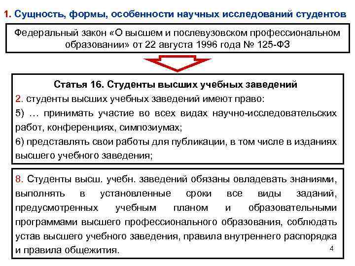 1. Сущность, формы, особенности научных исследований студентов Федеральный закон «О высшем и послевузовском профессиональном