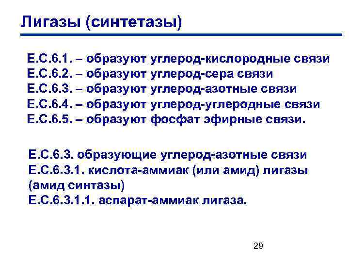 Лигазы (синтетазы) Е. С. 6. 1. – образуют углерод-кислородные связи Е. С. 6. 2.