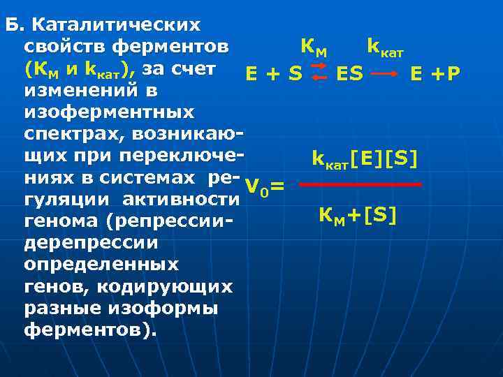 Б. Каталитических КМ kкат свойств ферментов (КМ и kкат), за счет E+S ES E
