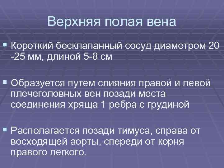 Верхняя полая вена § Короткий бесклапанный сосуд диаметром 20 -25 мм, длиной 5 -8