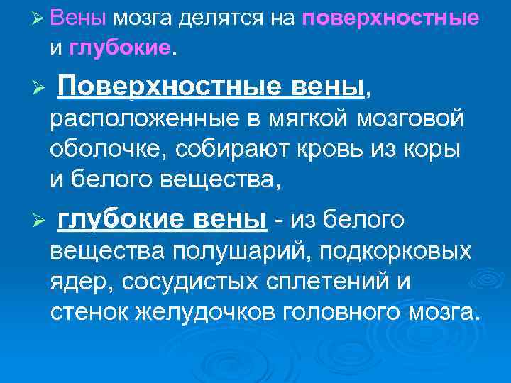 Ø Вены мозга делятся на поверхностные и глубокие. Ø Поверхностные вены, расположенные в мягкой