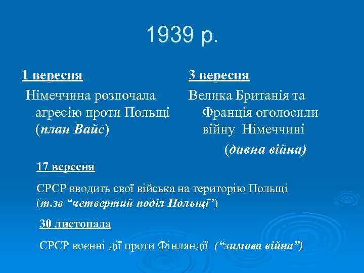 1939 р. 1 вересня Німеччина розпочала агресію проти Польщі (план Вайс) 3 вересня Велика