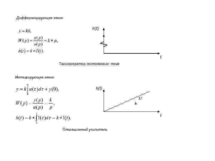 Дифференцирующее звено h(t) t § Тахогенератор постоянного тока Интегрирующее звено h(t) 1/ k t