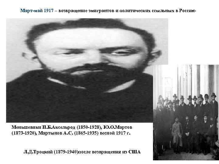 Март-май 1917 – возвращение эмигрантов и политических ссыльных в Россию Меньшевики П. Б. Аксельрод