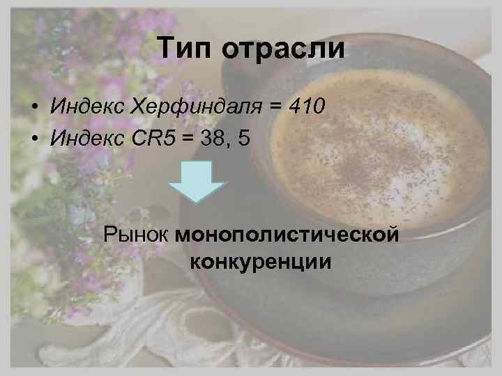 Тип отрасли • Индекс Херфиндаля = 410 • Индекс CR 5 = 38, 5