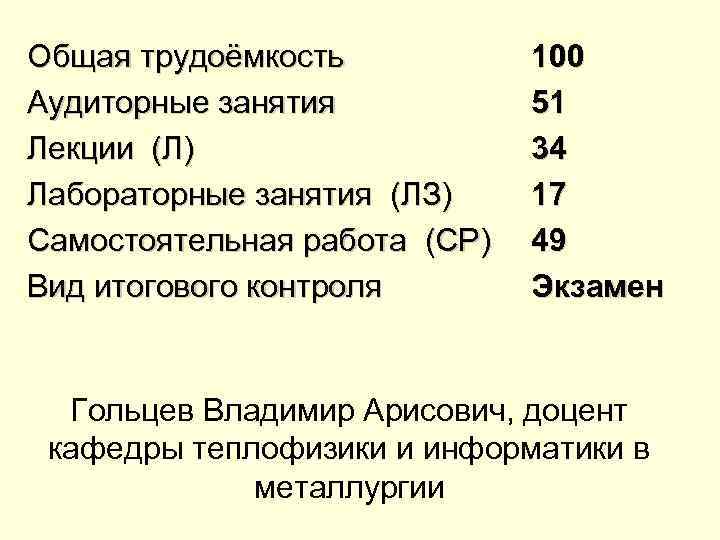 Общая трудоёмкость Аудиторные занятия Лекции (Л) Лабораторные занятия (ЛЗ) Самостоятельная работа (СР) Вид итогового