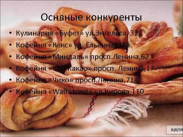 Оснвные конкуренты • • • Кулинария «Буфет» ул. Энгельса, 32 Кофейня «Кекс» ул. Елькина,