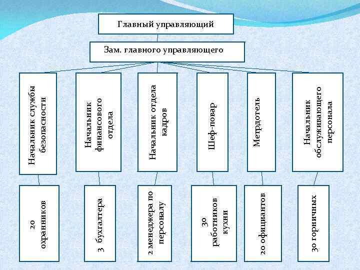 3 бухгалтера 30 горничных 20 официантов 30 работников кухни Начальник обслуживающего персонала Метрдотель Шеф-повар