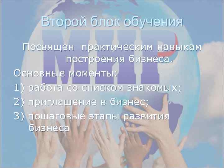 Второй блок обучения Посвящен практическим навыкам построения бизнеса. Основные моменты: 1) работа со списком
