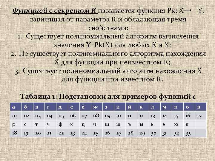 Функцией с секретом К называется функция Pк: X Y, зависящая от параметра К и