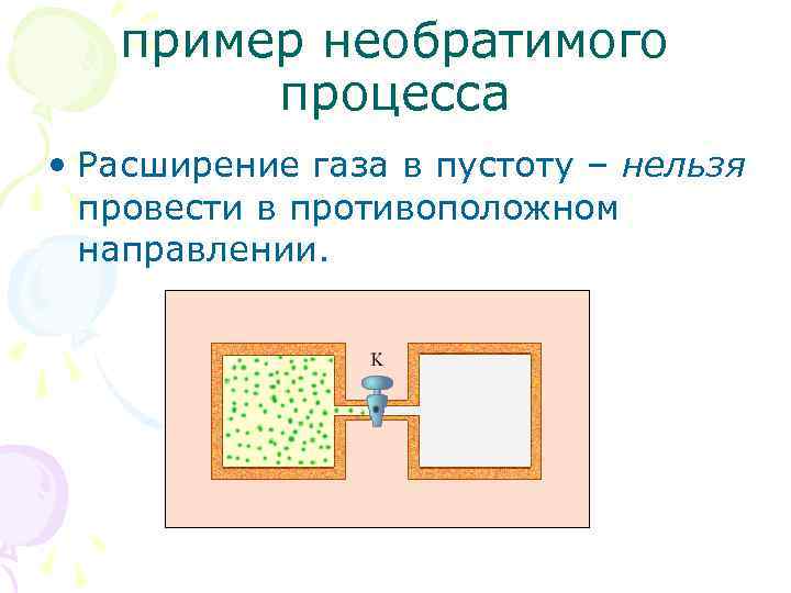 пример необратимого процесса • Расширение газа в пустоту – нельзя провести в противоположном направлении.