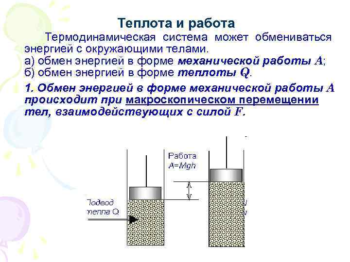 Теплота и работа Термодинамическая система может обмениваться энергией с окружающими телами. а) обмен энергией