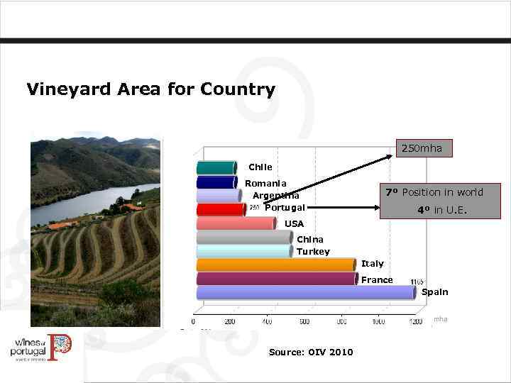 Vineyard Area for Country 250 mha Chile Romania Argentina Portugal 7º Position in world