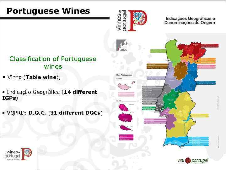 Portuguese Wines Classification of Portuguese wines • Vinho (Table wine); • Indicação Geográfica (14